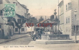 RARE CPA : ROLLE PLACE DU MARCHE ANIMEE ATTELAGE VITICULTEUR FUT TONNEAU SUISSE CANTON DE VAUD - Rolle