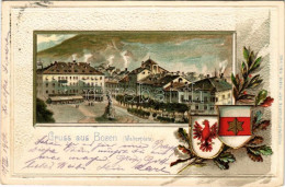 T2 1902 Bolzano, Bozan (Südtirol); Walterplatz. Passepartoutkarte / Square. Art Nouveau Floral Embossed Coat Of Arms - Unclassified