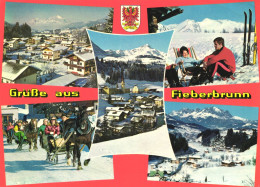 FIEBERBRUNN, EMBLEM, WINTER RESORT, HORSES, LUGE, CHURCH, TOWER, SKI, LANDSCAPE, POSTCARD, AUSTRIA - Fieberbrunn