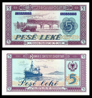 (!) Albania P42b, 5 Lek, Truck, Steam Passenger Train On Tressle / Freighter UNC - Albania