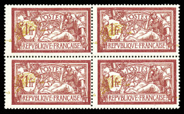 ** N°121b, 1F Merson, Centre Très Déplacé Sur Valeur En Bloc De Quatre. SUP (certificat)  Qualité: **  Cote: 1600 Euros - Unused Stamps