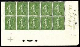 ** N°130, 15c Semeuse, Bloc De 10 Exemplaires Non Dentelé En Partie Inférieure, Bas De Feuille Numéroté Avec Perforation - Unused Stamps