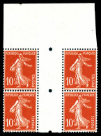 ** N°138fa, 10c Semeuse Type II PAPIER X: Bloc De 4 Avec Interpanneau Provenant Des Feuilles De Préparation Des Carnets. - Unused Stamps