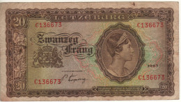 LUXEMBOURG  20  Francs  P42a  Dated 1943    "  Grand Duchess Charlotte + Farmers & Fieldwork On Back " - Luxembourg