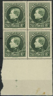 [** SUP] N° 290A, 20F Vert-gris En Bloc De 4. Bord De Feuille - Fraîcheur Postale - Cote: 1900€ - 1929-1941 Grande Montenez