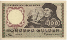 NETHERLANDS  100  Gulden  P88  Dated 02.02.1951    " Desiderius Erasmus  & Stylized Bird On  Back " - 100 Gulden