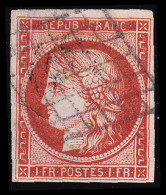 O EMISSION CERES 1849 - O - N°7 - 1F Vermillon - Obl. Grille - Lég. Déchirure - Belle Nuance Et Bel Aspect - Signé + Cer - 1849-1850 Ceres