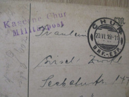Sur CPA CHUR Cachet 2 Lignes Kaserne Chur Militarpost + Cachet Rond BRF.EXP 1919 - Abstempelungen
