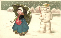 ** T1/T2 Child In Winter With Snowman, Litho - Unclassified