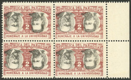 PARAGUAY: Yvert 373, 1939 2P. Unniversity Of Asunción, Block Of 4 With CENTERS INVERTED (VK.415a), MNH, Excellent Qualit - Paraguay