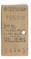 TICKET METROPOLITAIN Paris VILLIERS - Unclassified