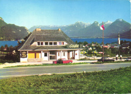 ST. GILGEN, HAUS AM HANG CAFE PENSION, FLAG, MOUNTAIN, CAR, UMBRELLA, POSTCARD, AUSTRIA - St. Gilgen