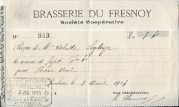 BRASSERIE DU FRESNOY COOPERATIVE RUE DE ROME A ROUBAIX, DOCUMENT RECU  DE 1915, TAMPON,  VOIR LES SCANNERS - Facturen