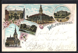 Lithographie Wolfenbüttel, Schloss, Gymnasium, Kirche & Bibliothek  - Libraries