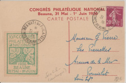 Delcampe - 1936 - VIGNETTE XV° CONGRES PHILATELIQUE BEAUNE (COTE D'OR) CP ANIMEE (VENDANGES) OBLITERATION TEMPORAIRE => PORNICHET - Philatelic Fairs