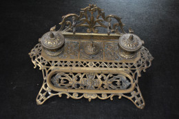 Grand Double Encrier écritoire En Laiton Ou Bronze Doré - Ajouré Rocaille Porte Plume Bureau - Calamai