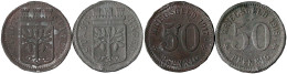 2 X 50 Pfg. 1917/1918 STADT. Wappen/"Kriegsgeld". Fälschungen In Blei. 24 Mm. Sehr Schön, Selten. Menzel -, 10124.20. - Other & Unclassified