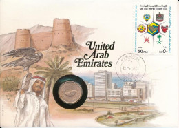 Egyesült Arab Emirátusok 1974. 5f Bronz Felbélyegzett Borítékban, Bélyegzéssel, Német Nyelvű Leírással T:AU Patina Unite - Unclassified
