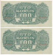 Csehszlovákia 1944. 100K (2x) Egyugrásos Sorszámkövetők "OE 042663" és "OE 042665" T:UNC,AU Czechoslovakia 1944. 100 Kor - Unclassified