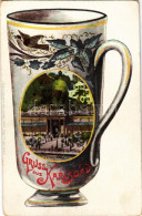 ** T2/T3 Karlovy Vary, Karlsbad; Felsenquelle. Gruss Aus / Montage With Glass, Embossed - Unclassified