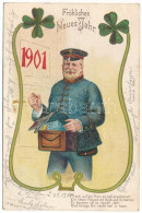 T2/T3 1900 Fröhliches Neues Jahr 1901. E.B. & C.i.B 9284. / New Year Greeting Glitter Decorated Art Postcard With Cl - Unclassified