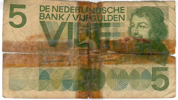 NETHERLANDS P90a 5 GULDEN 1966  GOOD Repaired - 5 Gulden