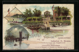 Künstler-AK Nedlitz, Restaurant Schweizerhaus Am Jungfernsee, Uferpartie Mit Dampfer, Brücke Bei Mondschein  - Brück
