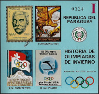 Delcampe - Paraguay 1972 Michel Bl. 182 Surchargé Muestra, Spécimen. Histoire Des Jeux Olympiques D'hiver, Pierre De Coubertin - Winter 1924: Chamonix