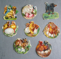 LOT DE 8 PETITES CHROMOS DECOUPIS ANIMAUX DE LA FERME CHIEN LAPIN POUSSIN POULE - Animals