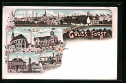 Lithographie Forst, Ortsansicht, Gymnasium Mit Bismarck-Denkmal, Stadtbahn  - Forst