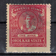 CHCT91 - Rare One Anna Holkar Revenue Stamp, 1930, Used, Holkar State, India - Official Stamps