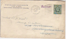 UNITED KINGDOM. 1937/Birmingham, Firm-envelope To Los Angeles/retour. - Covers & Documents