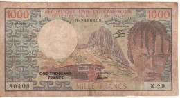 CAMEROON  1'000 Fr   P16c  ( Dated 1-07-1980)  Rhumsiki Peak, Hut, Girl + Mining, Airplanes, Railroad, Carvings At Back - Cameroon