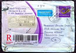HUNGARY TO INDIA USED STATIONERY 2015, INTERNATION PRIORITY LETTER, PREPAID ENVELOPE, REGISTER, VIGNETTE LABEL OB-PRAK O - Briefe U. Dokumente