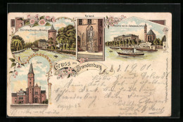 Lithographie Brandenburg A. H., Saldria Mit St. Johanneskirche, Dom, Steintorturm Und Brücke  - Brück