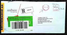 ANDORRA 2002, COVER USED TO ENGLAND REGISTER, ADVERTISING ANDBANC GROUP AGRICOL RETG, MACHINE METER CANCEL, THOMAS COOK - Lettres & Documents