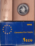 MONEDA DE PLATA DE 1 ECU DE CERVANTES - DON QUIJOTE EN SU ESTUCHE ORIGINAL AÑO 1994 CON CERTIFICADO - Ongebruikte Sets & Proefsets