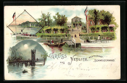 Lithographie Nedlitz, Restaurant Schweizerhaus, Brücke Bei Mondschein, Bootssteg Mit Dampfboot  - Brück