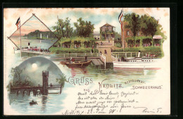 Lithographie Nedlitz, Restaurant Schweizerhaus Mit Dampfer, Brücke Mit Boot Bei Mondschein  - Brück