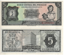PARAGUAY  5 Guaranies  P195b  Dated  L. 25.03.1952 (1963)  ( Paraguayan Woman + Hotel Guarani At Back )   UNC - Paraguay