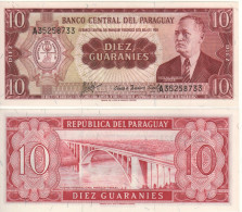 PARAGUAY  10 Guaranies  P196b  Dated  L. 25.03.1952 (1963)  ( General Eugenio A. Garay+ Bridge At Back )   UNC - Paraguay