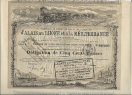 COMPAGNIECHEMIN DE FER ET DE NAVIGATION D'ALAIS  AU RHONE ET A LA MEDITERRANEE -OBLIGATION DE CINQ CENT FRANCS -1880 - Spoorwegen En Trams