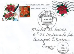 2025: The Poinsettia, The Christmas Star, Global Forever Round Stamp, Letter To Andorra, With Local Arrival Postmarks - Lettres & Documents