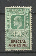 INDIA Special Adhesive 4 Annas Tax Revenue Taxe King Edward O - Official Stamps