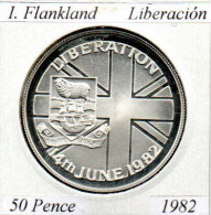 ISLAS FLANKLAND 1982, 50 PENCE, LIBERACIÓN, AG, PROOF; 2 ESCANER - Falkland