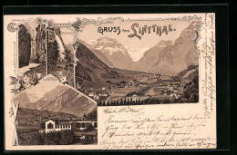 Lithographie Linthal, Ortsansicht, Lintschlucht, Schreienfall  - Linthal
