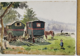 Delcampe - HALTE DE BOHEMIENS  AU BORD DE L'ALLIER .AQUARELLE DE J GRANDJEAN - Acquarelli