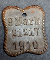 Jeton De Taxe De Chien De L'Empire D'Allemagne "9 Mark 1910" Dog Tax Token - Monetary / Of Necessity