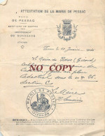 PESSAC ATTESTATION DE LA MAIRIE 10 JUIN 1904 DOMAINE DE CASTILLON + PRIX DES VINS AU DOS AUDE 33 GIRONDE - Pessac