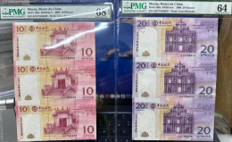 BANK OF CHINA 2008 10+20 PATACAS UNCUT SHEET OF 3, PMG 64+68 - Macau